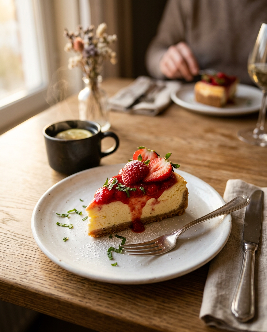 Fresh Strawberry Cheesecake Recipe served on a plate ready to eat