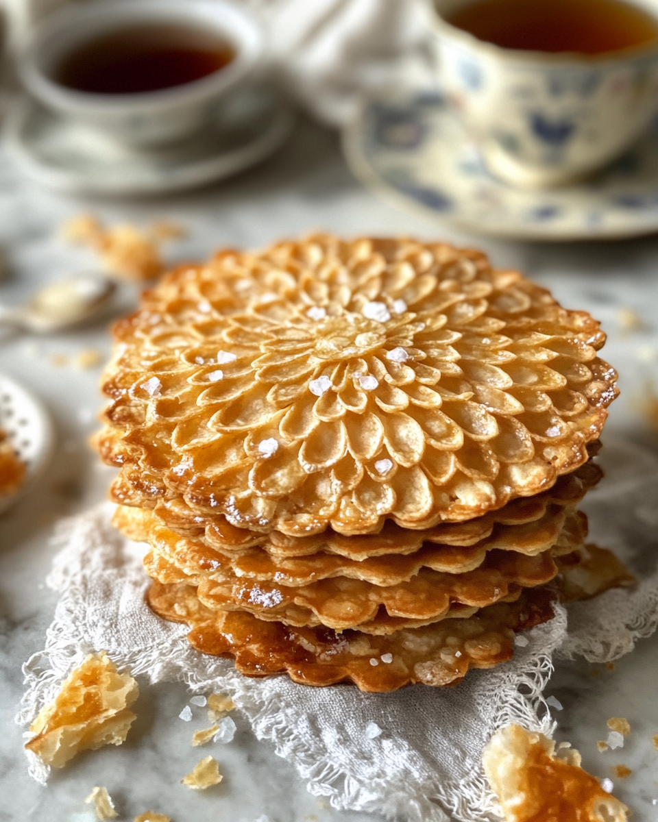 Golden French Galettes Bretonnes cookies with ridged fork pattern and fleur de sel topping on marble surface