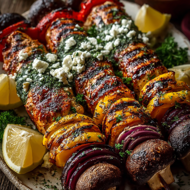 Six grilled chicken skewers with bell peppers and mushrooms on a white plate with lemon wedges and fresh herbs