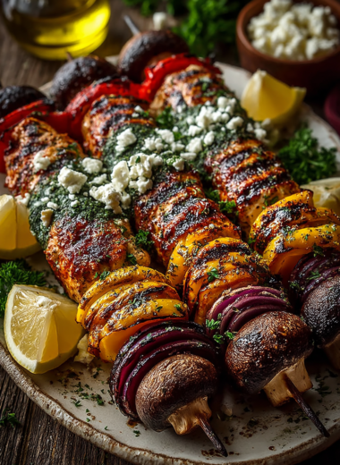 Six grilled chicken skewers with bell peppers and mushrooms on a white plate with lemon wedges and fresh herbs