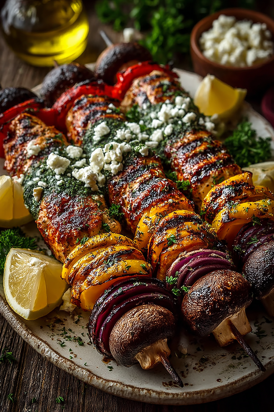 Six grilled chicken skewers with bell peppers and mushrooms on a white plate with lemon wedges and fresh herbs