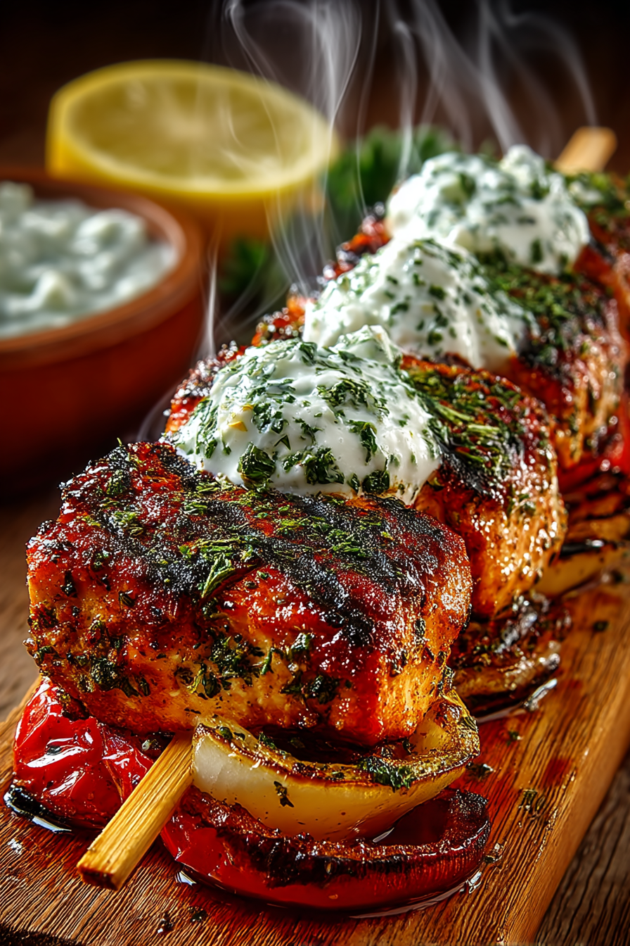 Six grilled chicken skewers with bell peppers and mushrooms on a white plate with lemon wedges and fresh herbs