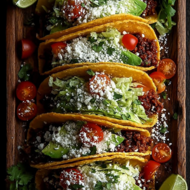 Six ground turkey tacos topped with fresh cilantro, tomatoes, avocado, and cheese on a rustic wooden board