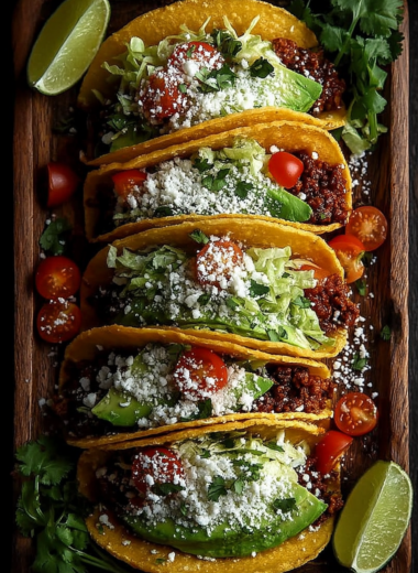 Six ground turkey tacos topped with fresh cilantro, tomatoes, avocado, and cheese on a rustic wooden board