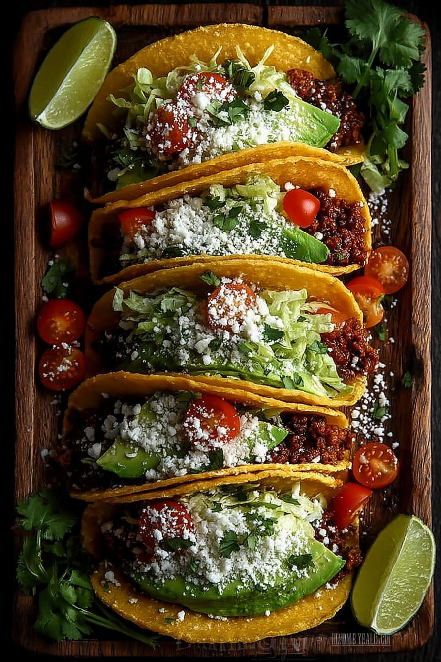 Six ground turkey tacos topped with fresh cilantro, tomatoes, avocado, and cheese on a rustic wooden board