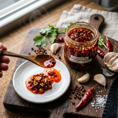 Homemade chili crisp in glass jar with crispy garlic and chili flakes in red spiced oil
