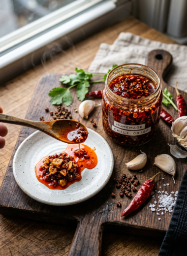 Homemade chili crisp in glass jar with crispy garlic and chili flakes in red spiced oil