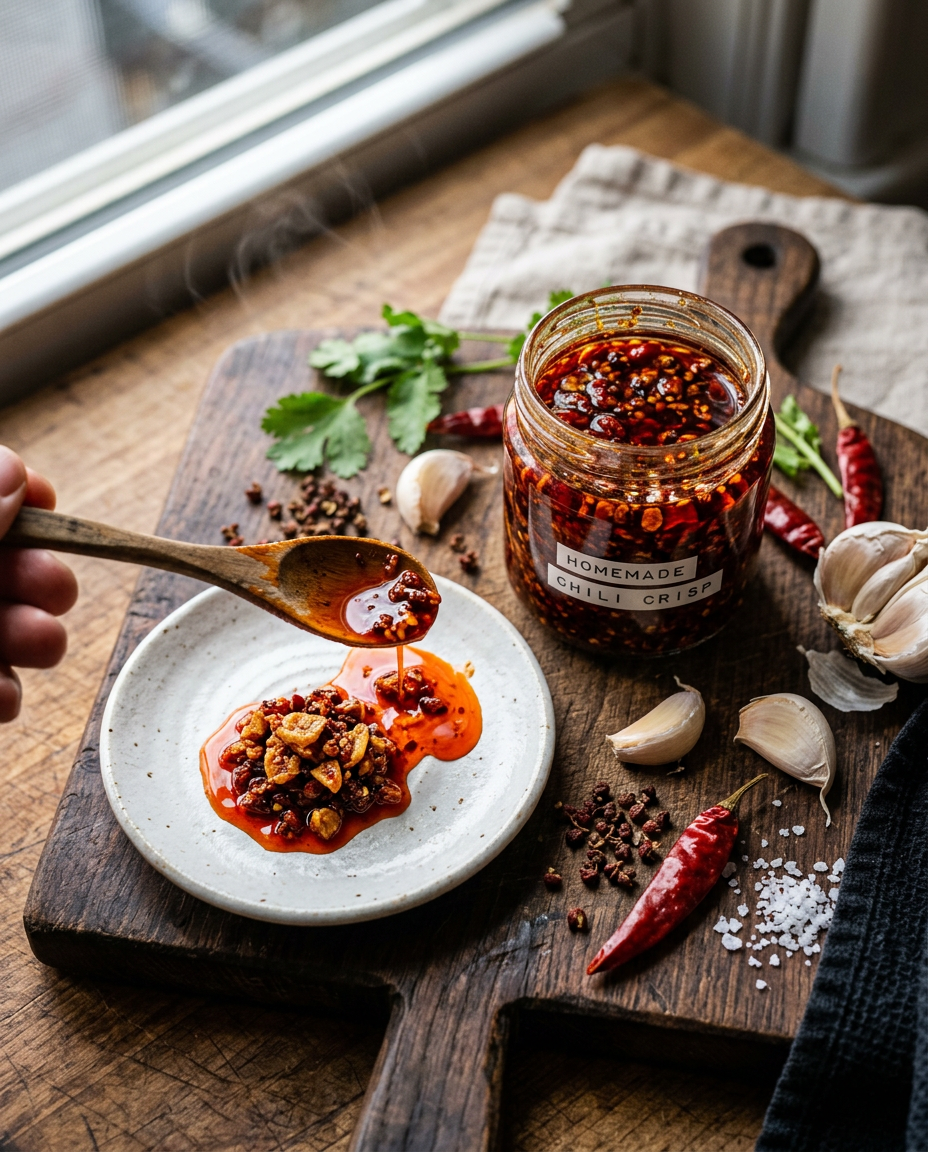 Homemade chili crisp in glass jar with crispy garlic and chili flakes in red spiced oil
