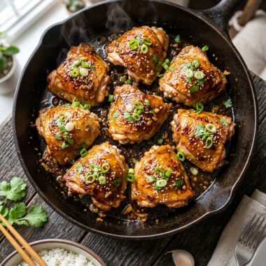Honey garlic chicken thighs in cast iron skillet with sticky caramelized glaze and sesame seed garnish