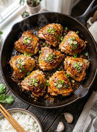 Honey garlic chicken thighs in cast iron skillet with sticky caramelized glaze and sesame seed garnish