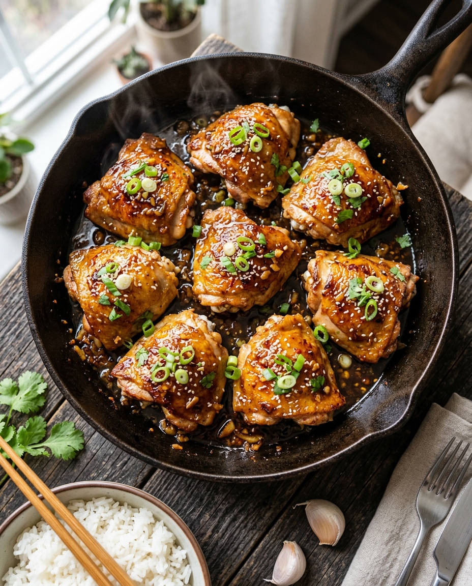 Honey garlic chicken thighs in cast iron skillet with sticky caramelized glaze and sesame seed garnish