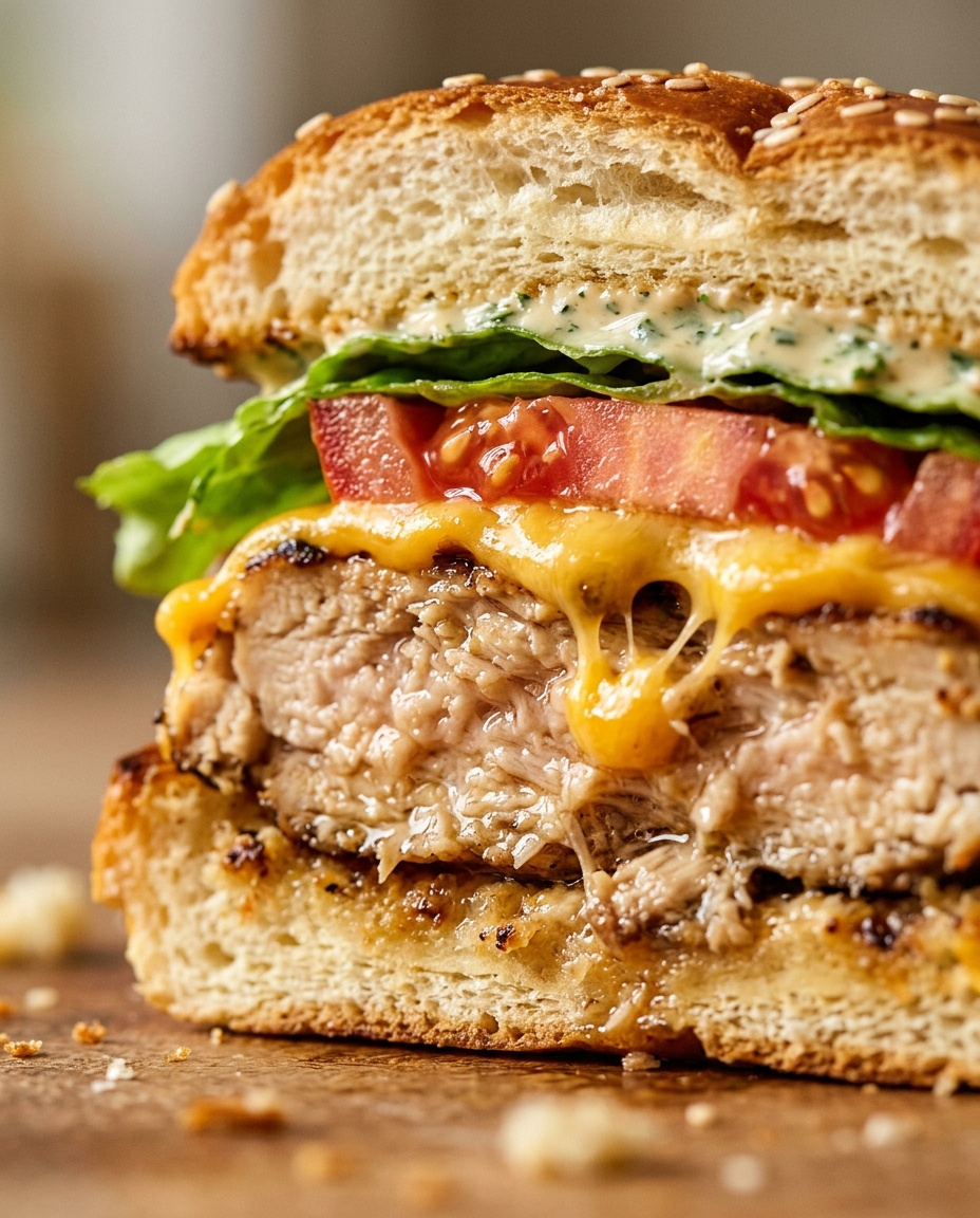 Close-up showing the texture and inside of Perfect Juicy Chicken Burger Recipe