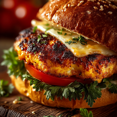 Juicy grilled chicken burger with cheese, lettuce, tomato on toasted brioche bun, served on rustic wood board