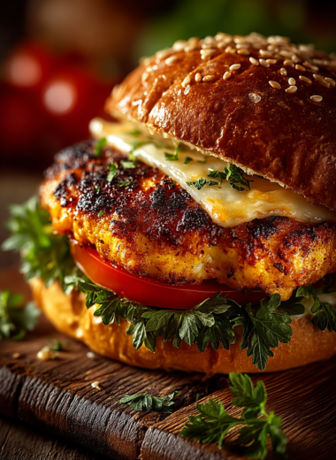 Juicy grilled chicken burger with cheese, lettuce, tomato on toasted brioche bun, served on rustic wood board