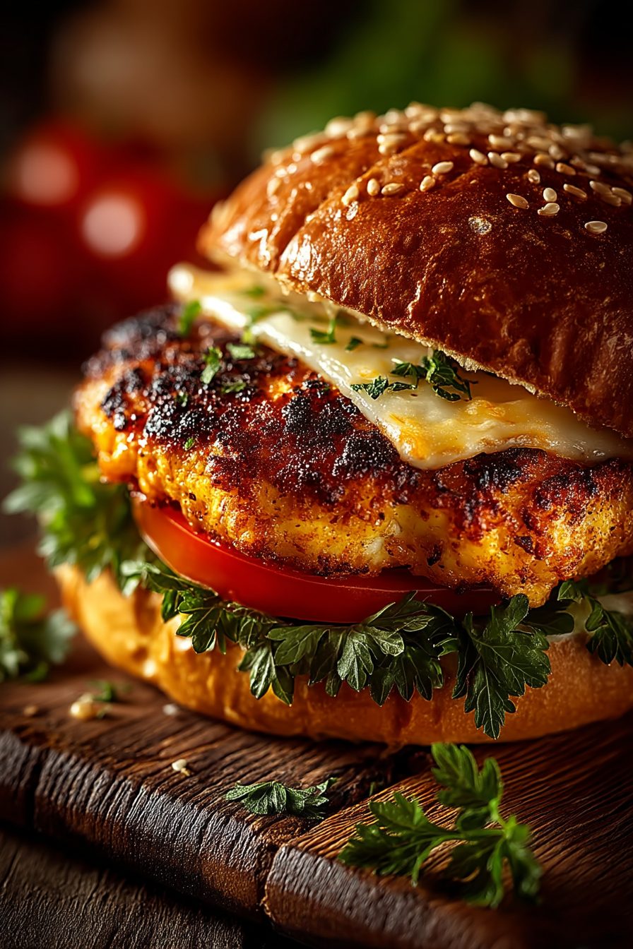Juicy grilled chicken burger with cheese, lettuce, tomato on toasted brioche bun, served on rustic wood board