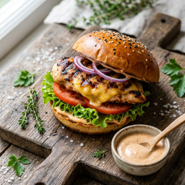 Juicy grilled chicken burger with melted cheese, lettuce, and tomato on brioche bun