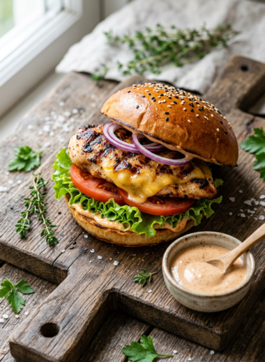 Juicy grilled chicken burger with melted cheese, lettuce, and tomato on brioche bun