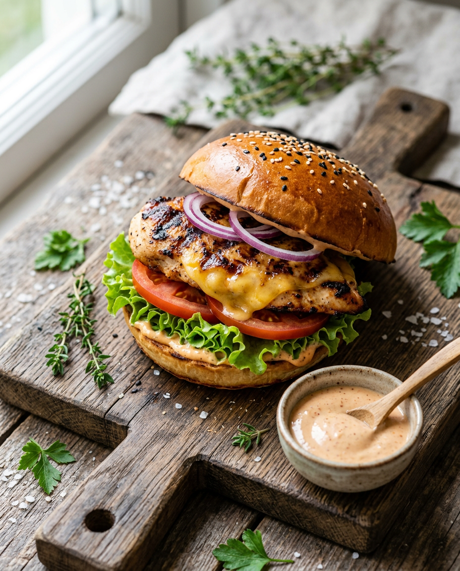 Juicy grilled chicken burger with melted cheese, lettuce, and tomato on brioche bun