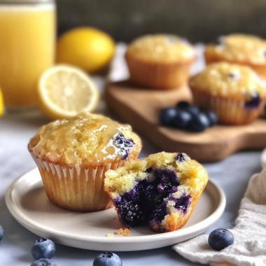 Golden lemon blueberry muffins with glaze, showing tender crumb and fresh blueberries inside
