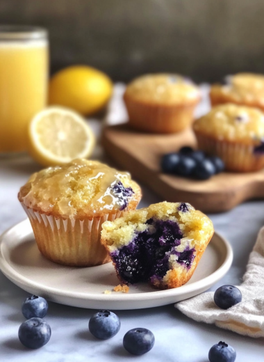 Golden lemon blueberry muffins with glaze, showing tender crumb and fresh blueberries inside