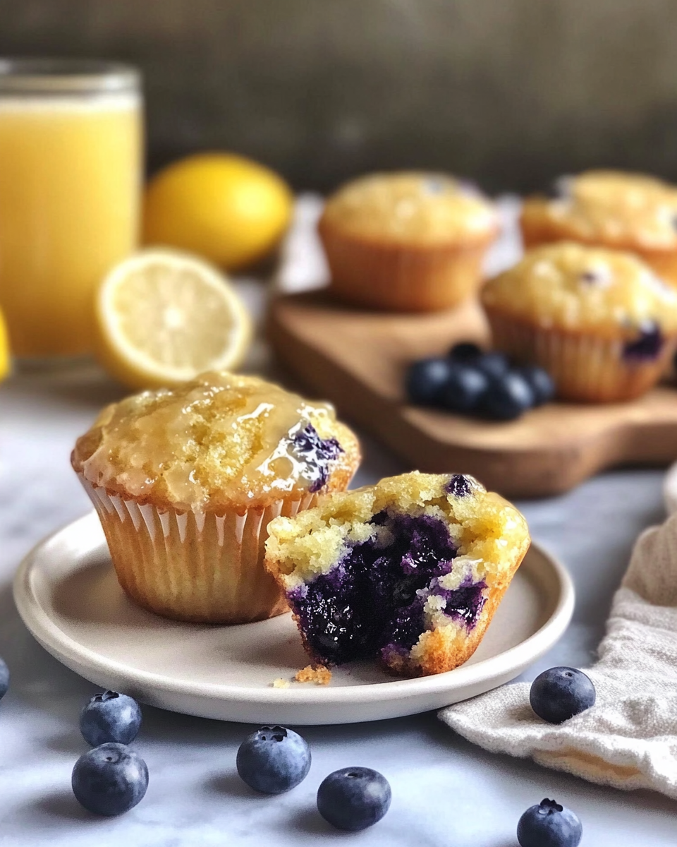 Golden lemon blueberry muffins with glaze, showing tender crumb and fresh blueberries inside