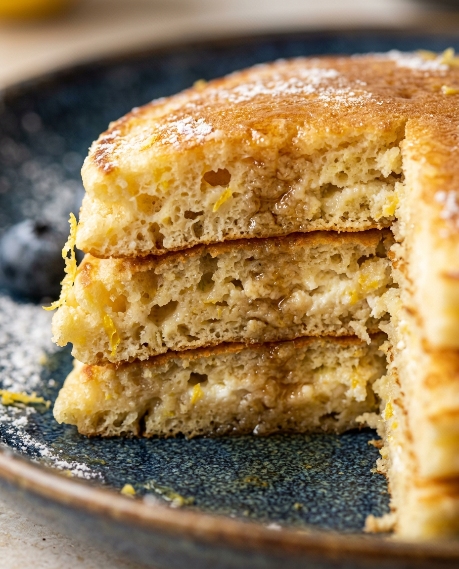 Close-up showing the texture and inside of Lemon Ricotta Pancakes Recipe