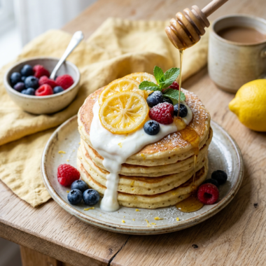 Golden-brown lemon ricotta pancakes stacked high, topped with yogurt, berries, and lemon zest