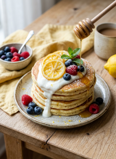 Golden-brown lemon ricotta pancakes stacked high, topped with yogurt, berries, and lemon zest