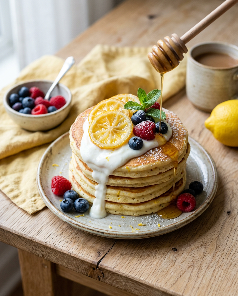 Golden-brown lemon ricotta pancakes stacked high, topped with yogurt, berries, and lemon zest