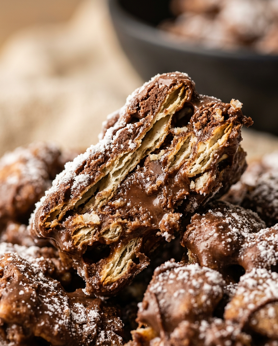 Close-up showing the texture and inside of Matzo Muddy Buddies Recipe
