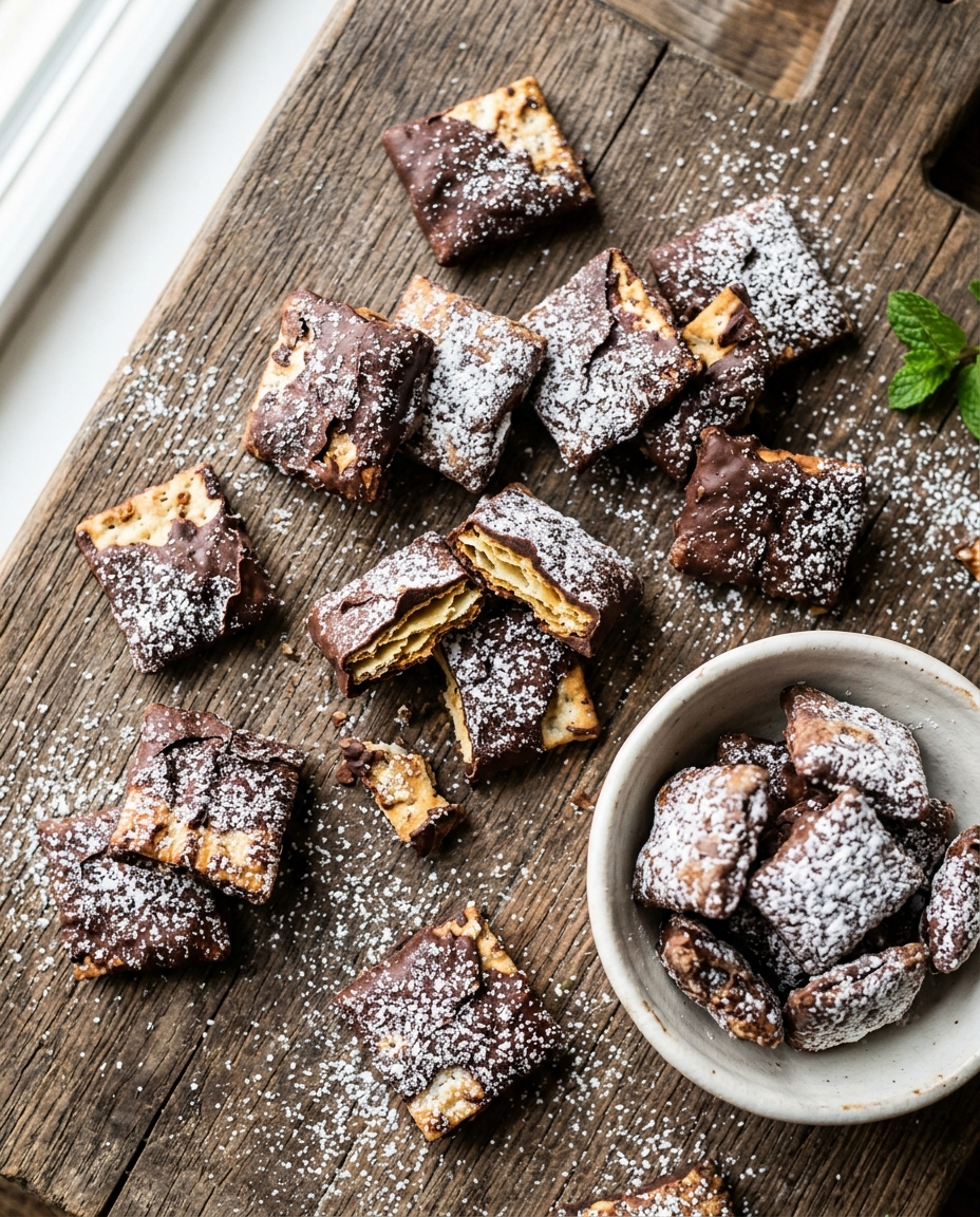 Overhead view of chocolate-coated Matzo Muddy Buddies dusted with powdered sugar on wooden surface