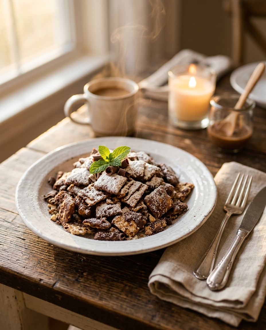 Matzo Muddy Buddies Recipe served on a plate ready to eat