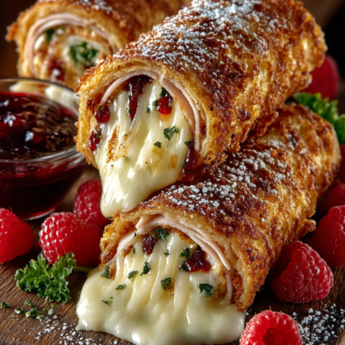 Golden crispy Monte Cristo rolls dusted with powdered sugar on a wooden board showing melted cheese and jam filling