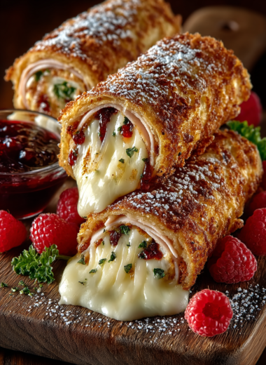 Golden crispy Monte Cristo rolls dusted with powdered sugar on a wooden board showing melted cheese and jam filling