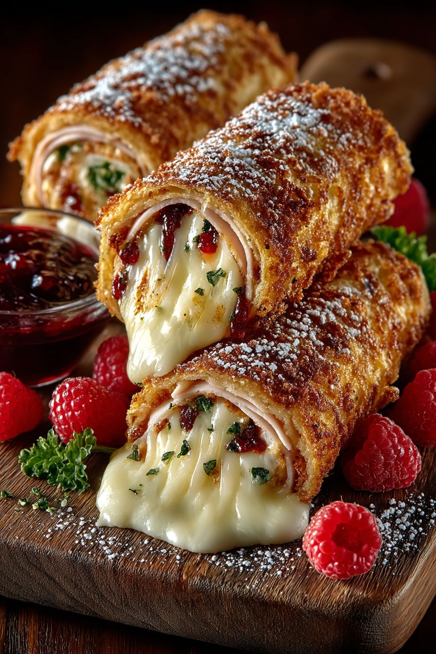 Golden crispy Monte Cristo rolls dusted with powdered sugar on a wooden board showing melted cheese and jam filling