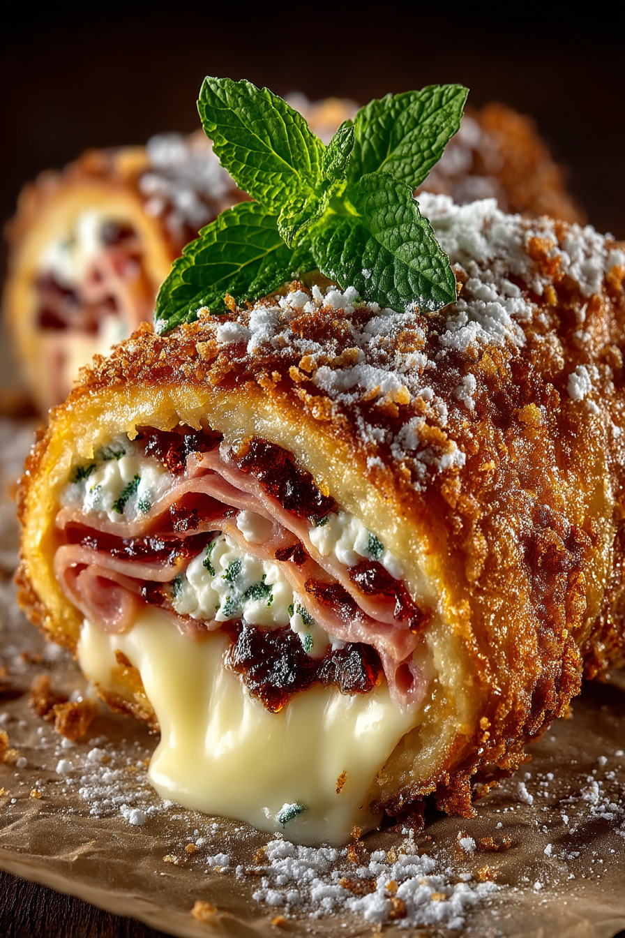 Golden crispy Monte Cristo rolls dusted with powdered sugar on a wooden board showing melted cheese and jam filling