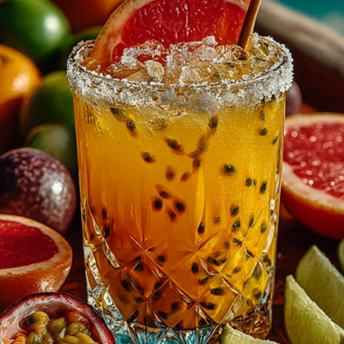 Vibrant passion fruit paloma cocktail in a salt-rimmed glass with ice, grapefruit wheel garnish, and fresh passion fruit floating on top