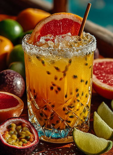 Vibrant passion fruit paloma cocktail in a salt-rimmed glass with ice, grapefruit wheel garnish, and fresh passion fruit floating on top