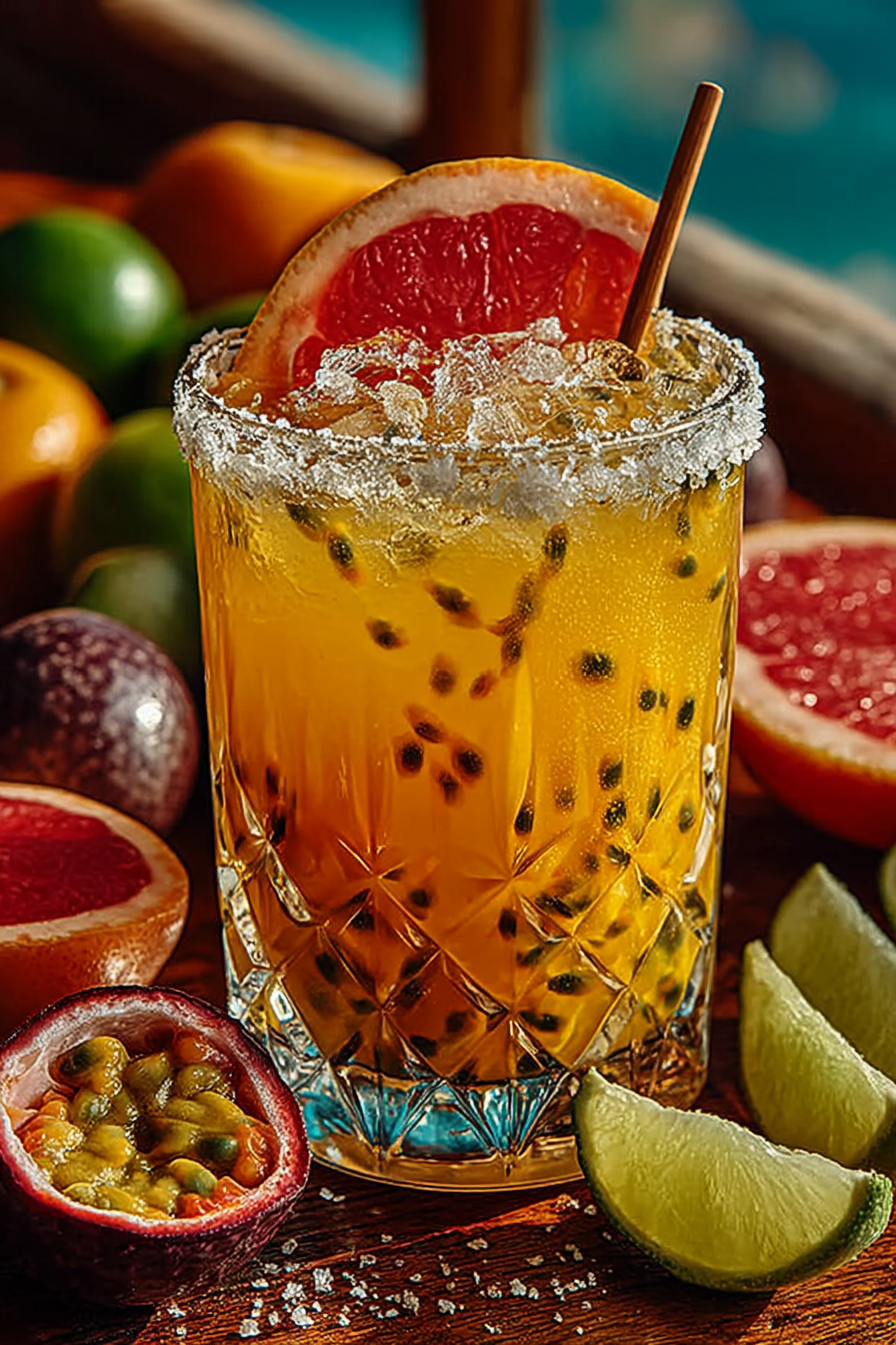 Vibrant passion fruit paloma cocktail in a salt-rimmed glass with ice, grapefruit wheel garnish, and fresh passion fruit floating on top