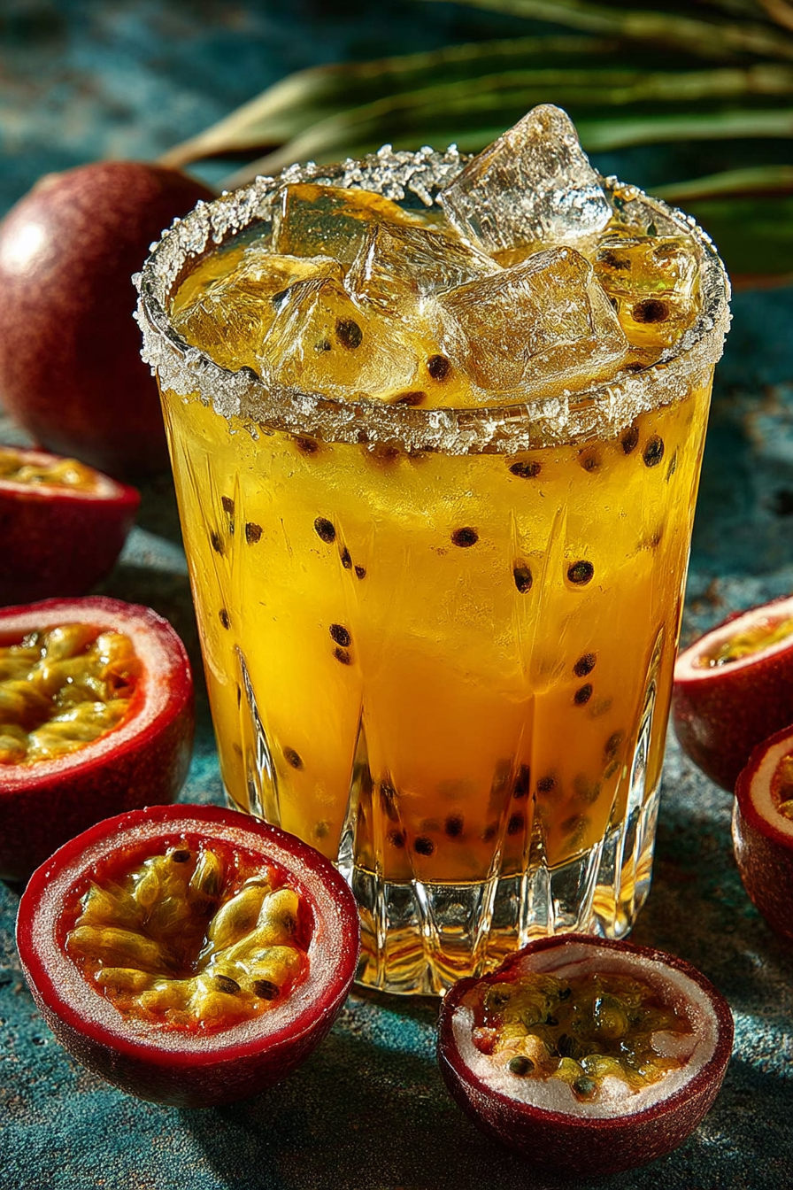 Vibrant passion fruit paloma cocktail in a salt-rimmed glass with ice, grapefruit wheel garnish, and fresh passion fruit floating on top