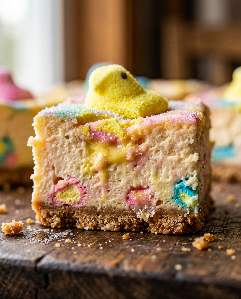 Close-up showing the texture and inside of Peeps Cheesecake Bars Recipe