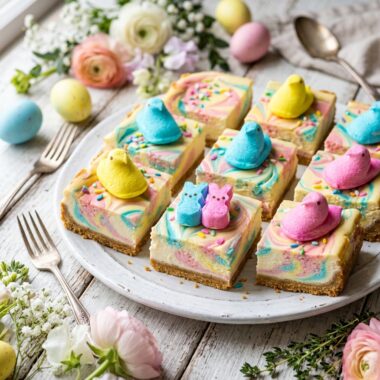 Colorful Peeps Cheesecake Bars with swirled marshmallow patterns on white wooden surface