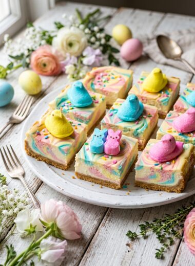 Colorful Peeps Cheesecake Bars with swirled marshmallow patterns on white wooden surface