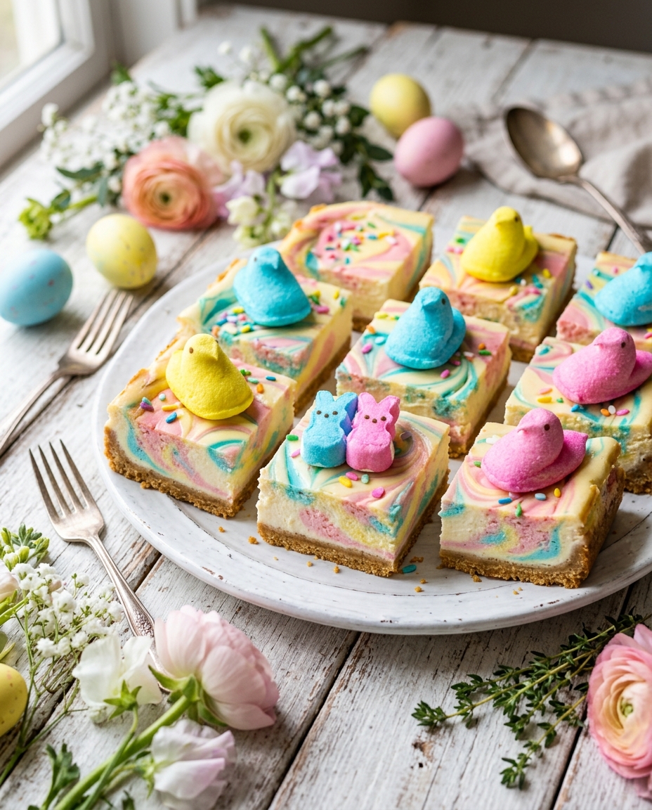 Colorful Peeps Cheesecake Bars with swirled marshmallow patterns on white wooden surface