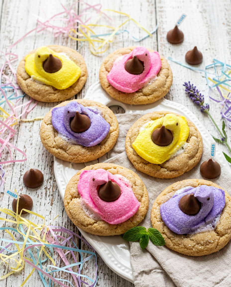 Colorful Peeps Kiss Cookies with marshmallow chicks and chocolate kisses on rustic white wood background