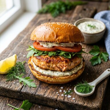 Golden pan-seared salmon burger on brioche bun with arugula, tomato, and tartar sauce on rustic wood