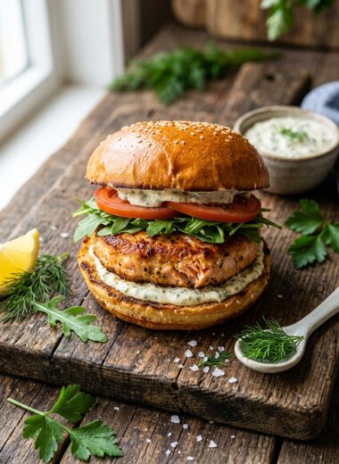 Golden pan-seared salmon burger on brioche bun with arugula, tomato, and tartar sauce on rustic wood