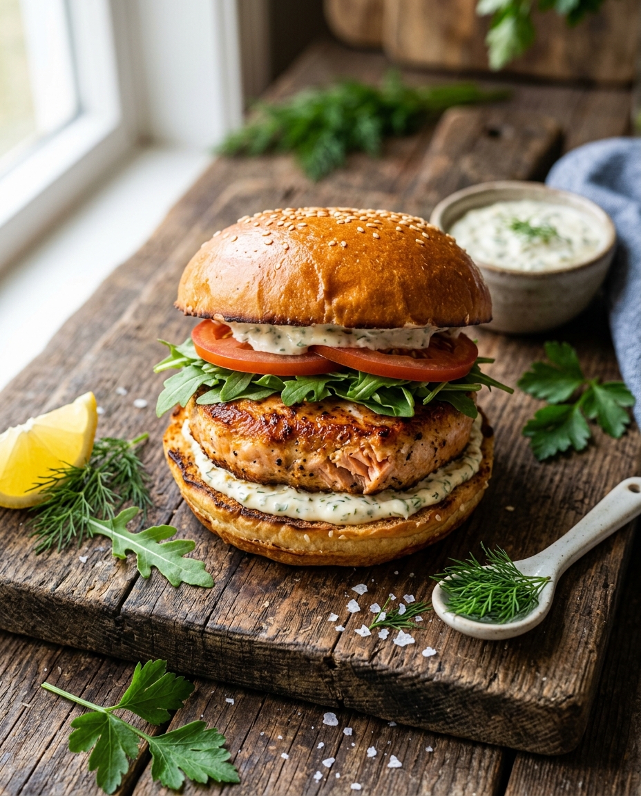 Golden pan-seared salmon burger on brioche bun with arugula, tomato, and tartar sauce on rustic wood