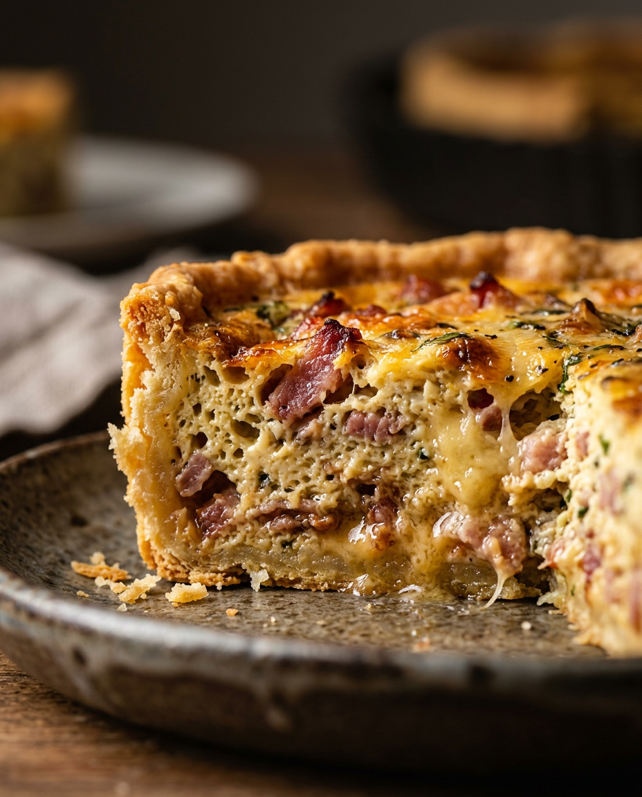 Close-up showing the texture and inside of Perfect Quiche Lorraine Recipe