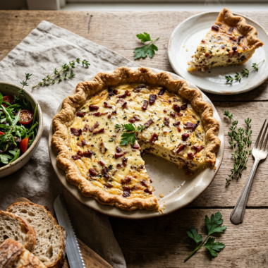 Golden-baked quiche Lorraine with crispy bacon bits in creamy custard filling, classic French recipe